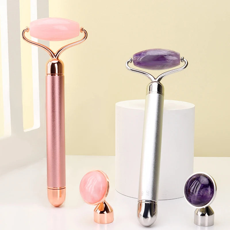 2‑in‑1 Electric Vibrating Rose Quartz & Jade Roller DermaStorm
