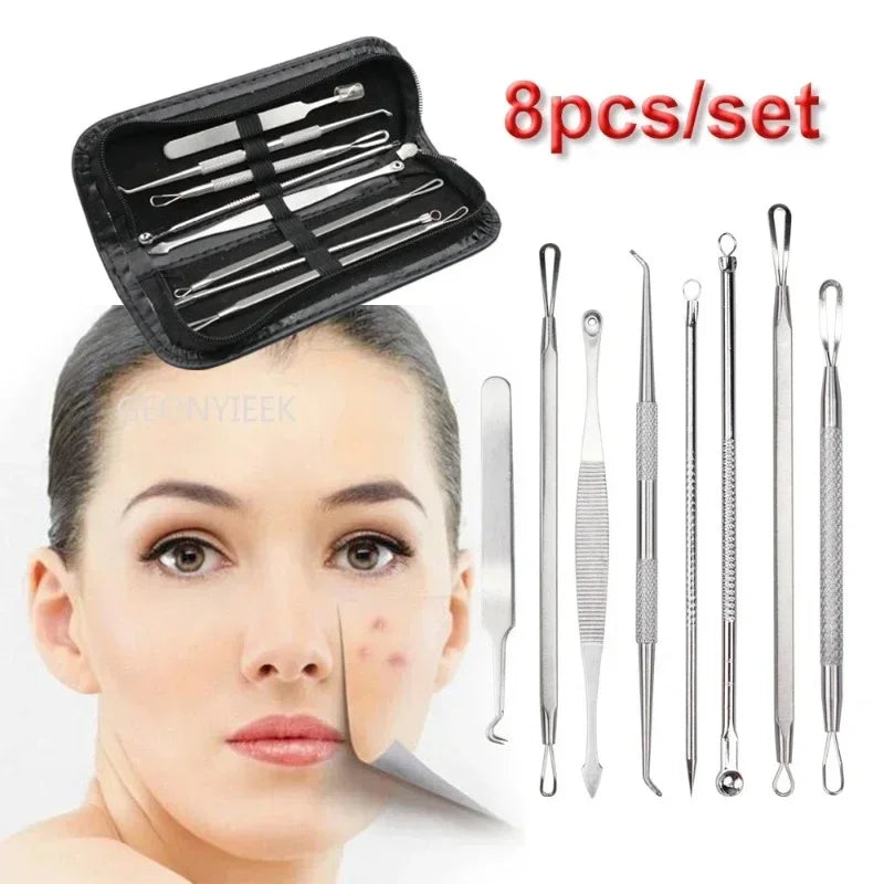 8pcs/set Blackhead Comedone Acne Pimple Blackhead Remover Tool Spoon for Face Skin Care Tool Needles Facial Pore Cleaner  FitiqueFit