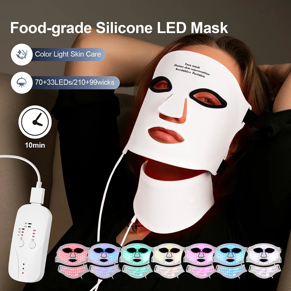 Silicone LED Mask Face With Neck 7 Colors LED Photon Red Light Infrared Therapy Flexible Facial Mask Repair Skin Wireless Use DermaStorm